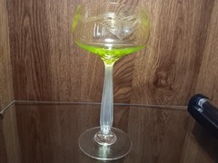 Antique ETCHED Yellow Vaseline Glass Wine Goblet Clear Stem