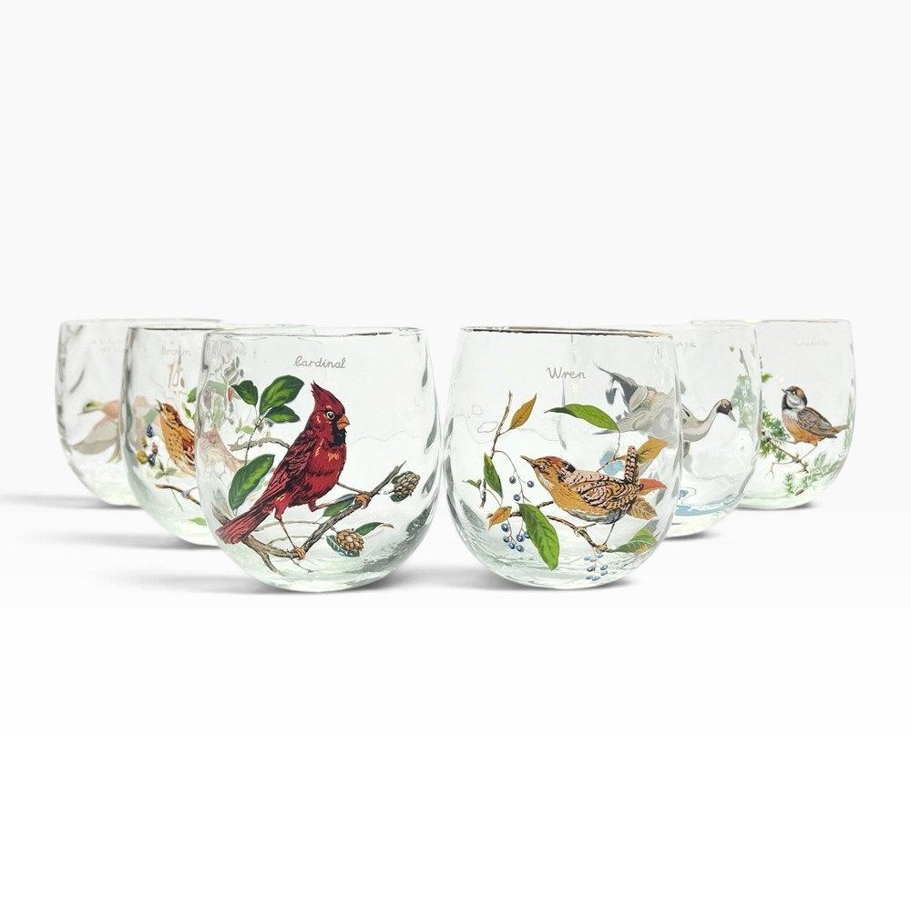 West Virginia Glass American Songbirds 6 Roly-Poly Tumblers Glasses 3 7/8” 16oz