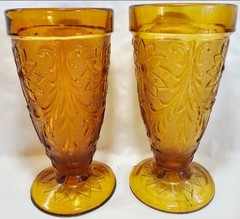 2 Vtg Indiana Glass Tiara Sandwich Amber Pattern Footed Water Goblets 6.25″T