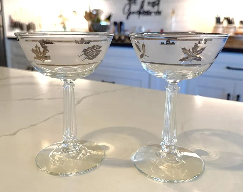 A Pair of 2: Libbey ‘Silver Leaf’ Champagne/Tall Sherbet (or Martini!) Glasses