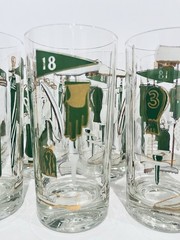 7 Vtg Golf themed MCM highballs, gilted Gold, Green And White, 5 5/8” (Read)