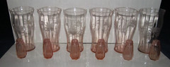 6 Pink Depression Glass 5″ Drinkware Glasses & 2″ Salt Pepper Shakers