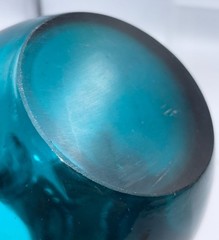 Teal Green Art Glass Vase Applied Clear Handles Hand Blown 5″ Tall