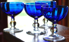 Vtg Set 4 FOSTORIA «VICTORIAN BLUE» COBALT OPTIC Liquor Cocktail Glasses 3.25″
