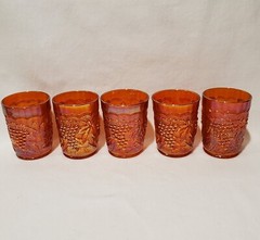 Imperial Carnival Glass Marigold Rubigold Grape Vine Pitcher With 5 Tumblers Set