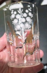 Set 4 Antique Etched Handblown Clear Glass Tumblers 4″ High, Floral & Dragonfly