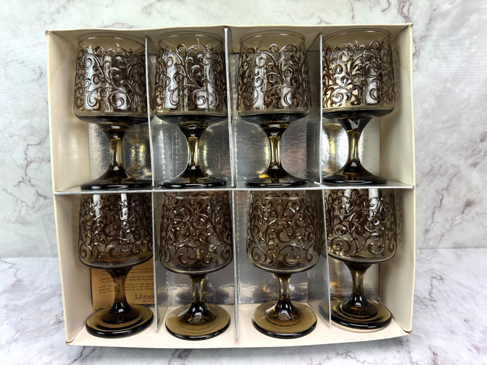 Libbey Prado Tawny Brown Raised Scroll 11.25 oz Goblet Vintage 5 3/4″ Box of 8 A