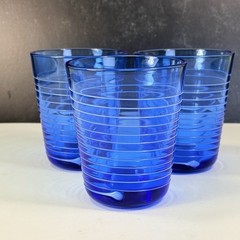 Set 3 Conga Flat Tumbler Villeroy Boch 8 Oz BLUE Embossed White Rings 4 1/8″ HTF