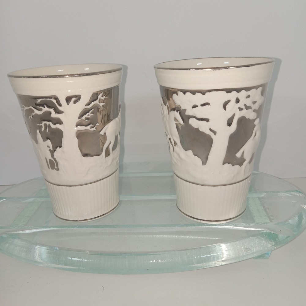 RARE 1940’s Wedgwood Signed Numbered Ceramic Glasses with Silver Trim & Accents
