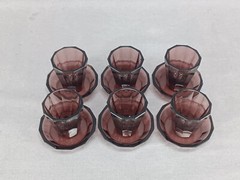 Set of 6 Czech Bohemian Art Deco Amethyst Cut Glass Shot Glasses & Under Trays