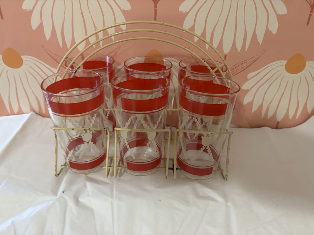 MCM Glass Highball Tumblers with Metal Carrier Caddy Red Stripes Barware