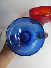 Lot Of 2 Mexican Margarita Glasses Cobalt Swirl & Amberina Mouth-Blown Art Glass