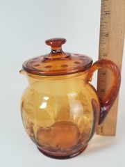 1930s Cambridge or Paden City Amber Glass Wheel Cut Floral Pitcher Reeded Handle