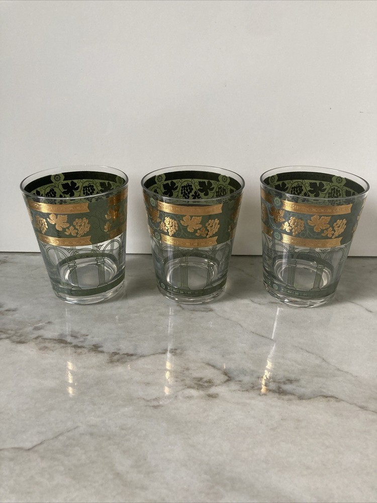 Cera Barware Cocktail Rocks Glasses Set Green 22k Gold Grapes Leaves Arches 4.5″