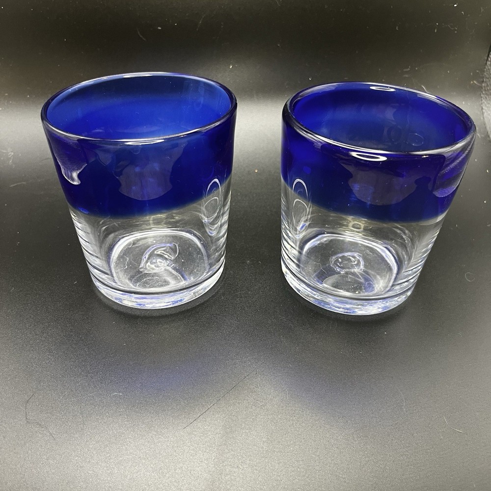 2 Mexican Hand Blown Cobalt Blue Rim Glass Tumbler Rough Pontil Bubble Low Ball