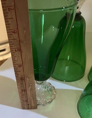 Mid Century Emerald Green Glass Goblets Clear Scalloped Foot Set of 4