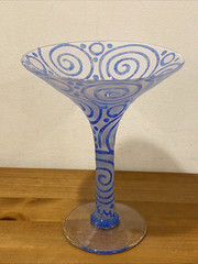 E & M Burke Etched Martini Glass Blue 7” Tall 5 3/8″ Top Diameter