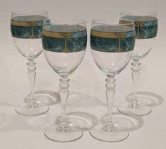 Set/4 Vintage LUMINARC Cortina Wine Glasses Teal Blue with Gold Band France 7.25