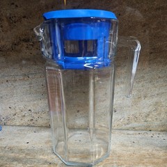 Pasabahce Turkey Glass Pitcher 9″ Octagon Carafe Blue Lid 40 oz Refrigerator Jug