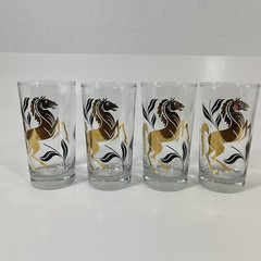 Mid Century Gold Black Libbey Glasses Tumblers Stallions Horses 5 1/4”