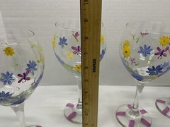 Hand Painted Clear Stemmed Goblets – Flowers & Dragonflies – 8.5” T – Preowned