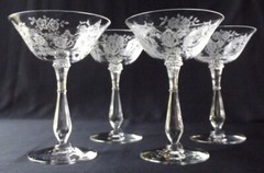 4 VINTAGE TIFFIN FRANCISCAN CHEROKEE ROSE ETCHED CRYSTAL CHAMPAGNE/TALL SHERBETS