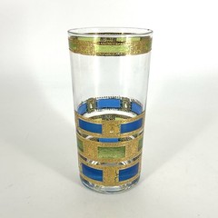 Vintage Culver Empress Highball Glass Tumbler 22K Gold Blue Green Mid Century