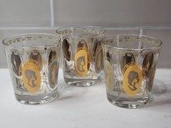 Vintage Set of 3 Gold Royal Ladies Portrait Cocktail Rocks Glasses Barware MCM