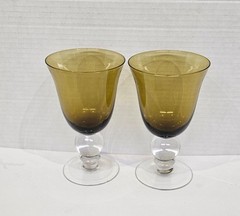 Vintage Pier 1 Blue and Amber Flute Wine Goblet with Clear Ball Stem Set of 5
