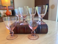 (6) Vintage MCM Pink 4oz Glasses Bar Ware Drinking Liquor Ball Stem Cocktail