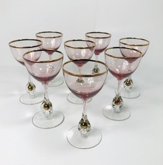 Set of 8 small Josef Stanik Vintage Red Wine Glasses w/GoldRim/Gold Ball on stem