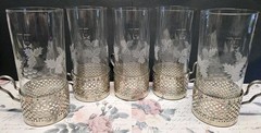 Vintage Set Of 5 Etched Grape Vine Crystal Clear Tall Glass With Metal Holders