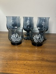 6 Vintage Pfaltzgraff Dusty Blue Etched Juice&2 Whiskey Glasses Folk Art Bird US