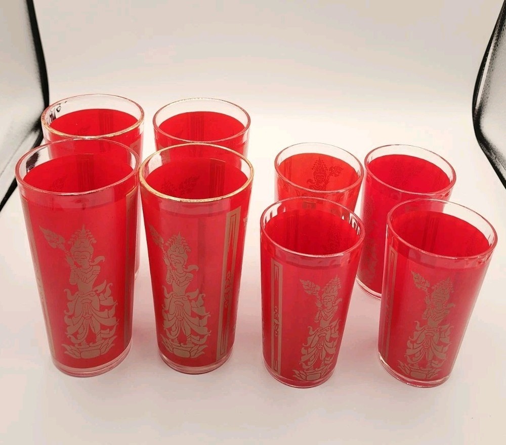 Vintage 1960s Culver Red Gold Thai Goddess Drinking Glasses Set of 8