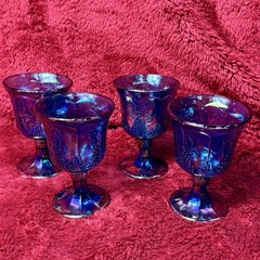 Set of 4 Vintage Indiana Carnival Glass Iridescent Blue Harvest Grape Goblets