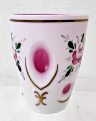 Antique Milk Glass Cut to Cranberry w Hand Enameled Pink Roses 3 3/7″ Cup Glass