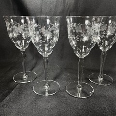 4 VTG Colony (?) Wine Glasses Goblets Floral Etched Lead Free Clear Cut Flaw