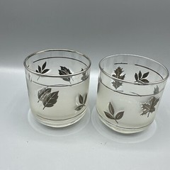 Vintage Libbey Silver Leaf Foliage Old Fashioned Rocks Glasses Frosted MCM Set/2
