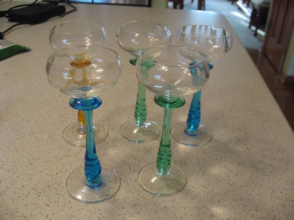 Vtg Lot of 5 Tiffin-Franciscan Hand-Blown Cordial Glasses w/Multi-Color Stems
