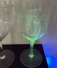 2 Fostoria Lily Of The Valley Etched Optic Water Iced Tea Goblets Antique UV Glo