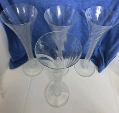 Mouth-Blown Romania Optic Swirl Hollow Stem Trumpet Champagne Flutes Set of 4…