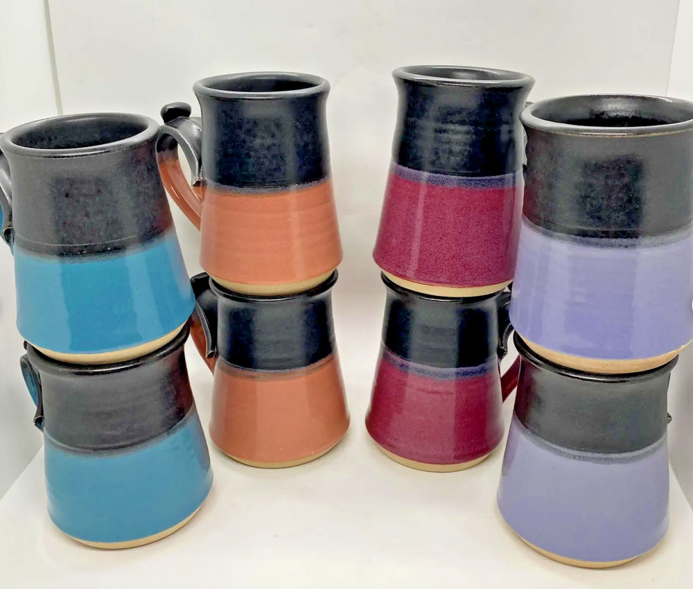 VTG Geff Reed Stoneware Coffee Tea Mug Set Purple Pink Wine Black Artist Signed