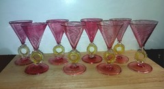Set 8 Salviati Murano Venetian Pink Swirl & Yellow Rigaree Wine Liqueur Glasses