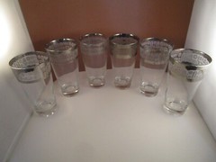 Vintage Set of 6 Clear Glass Silver Rim Cooler Drinking Glasses Tumblers
