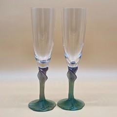 Vtg Rare Exquisite Daum France Signed Champagne Flutes Glasses Green Leaves Stem