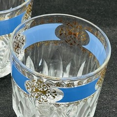 4 Vtg Mid Century Italian Old Fashioned Whiskey Glasses Azure Blue Gold Scroll
