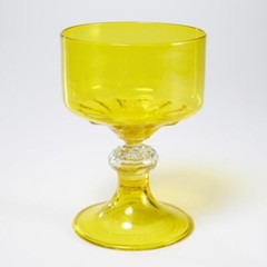 Yellow Wide Antique Glass Wine Water Goblet Bulb Stem Barbara Walters 5.5″h