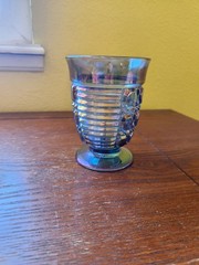 Vintage Windsor Button & Cane Iridescent Blue Carnival Glass Tumbler Geometric
