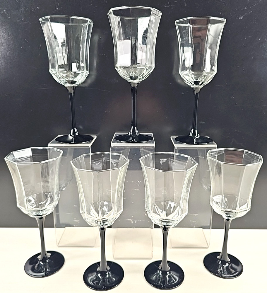 7) Luminarc Octime Black Water Goblets Set Elegant Octagonal Stemware France Lot