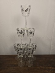 Set Of 8 VTG Libbey Glass Co. Silver Leaf Frosted Band Ribbed Stems Wine Glasses